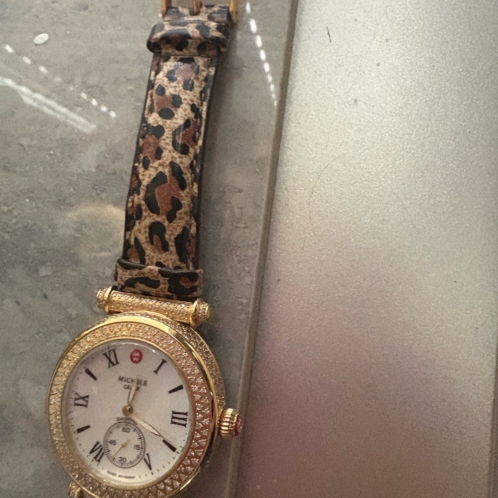 Michele Gold Plate with 1.6 C diamonds and Leopard Women's leathers band Watch - Picture 6 of 12